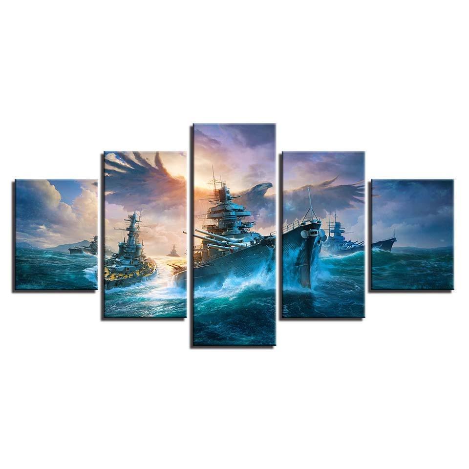 Battleships And Eagle 5 Piece HD Multi Panel Canvas Wall Art Frame-Original Frame