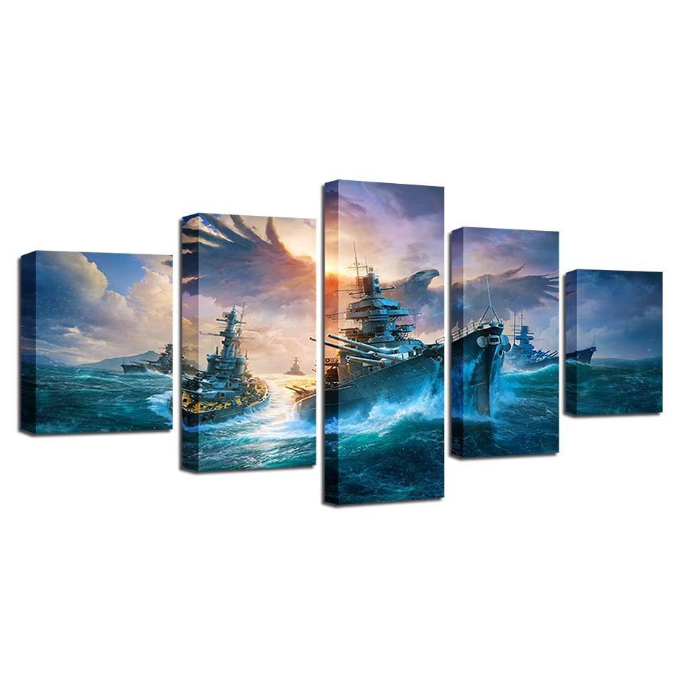 Battleships And Eagle 5 Piece HD Multi Panel Canvas Wall Art Frame-Original Frame