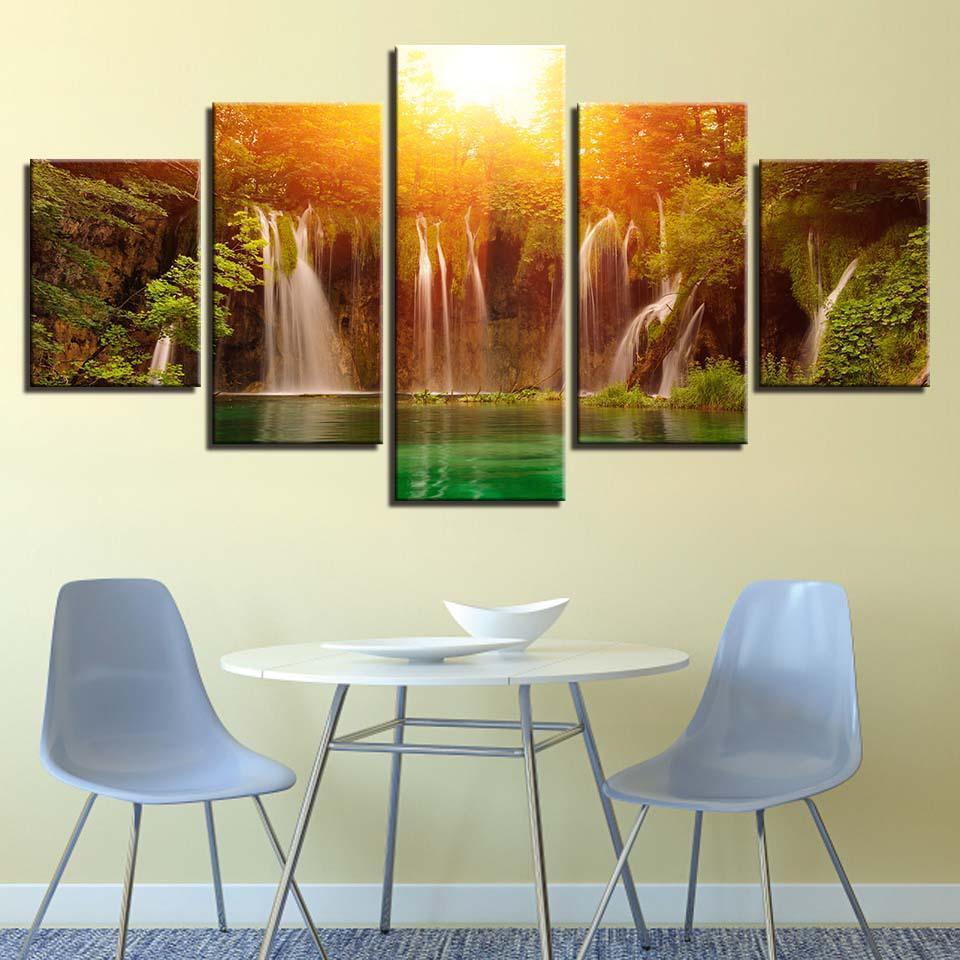 Sunshine Waterfall 5 Piece HD Multi Panel Canvas Wall Art Frame-Original Frame