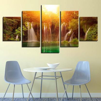 Sunshine Waterfall 5 Piece HD Multi Panel Canvas Wall Art Frame-Original Frame