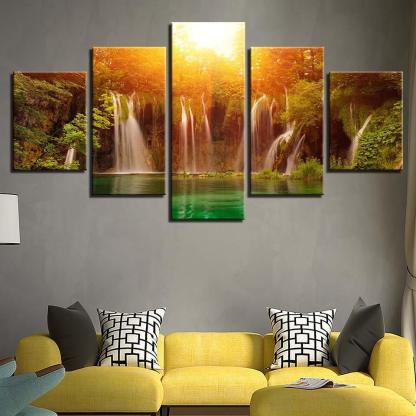 Sunshine Waterfall 5 Piece HD Multi Panel Canvas Wall Art Frame-Original Frame