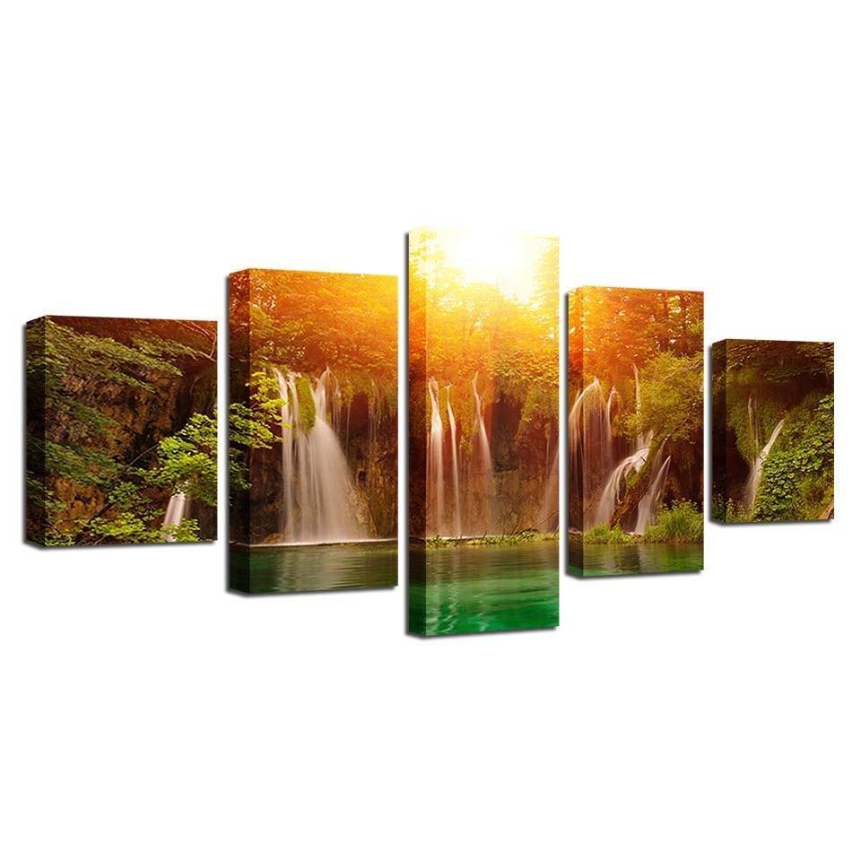 Sunshine Waterfall 5 Piece HD Multi Panel Canvas Wall Art Frame-Original Frame