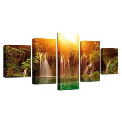 Sunshine Waterfall 5 Piece HD Multi Panel Canvas Wall Art Frame-Original Frame