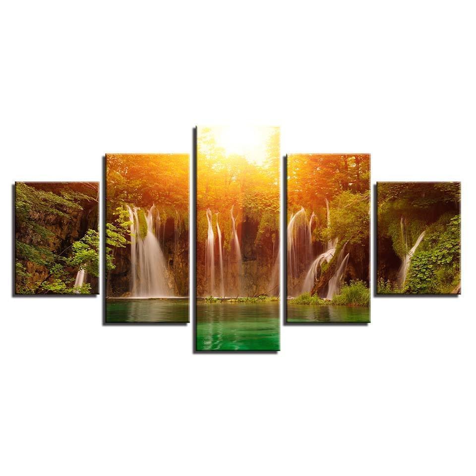 Sunshine Waterfall 5 Piece HD Multi Panel Canvas Wall Art Frame-Original Frame