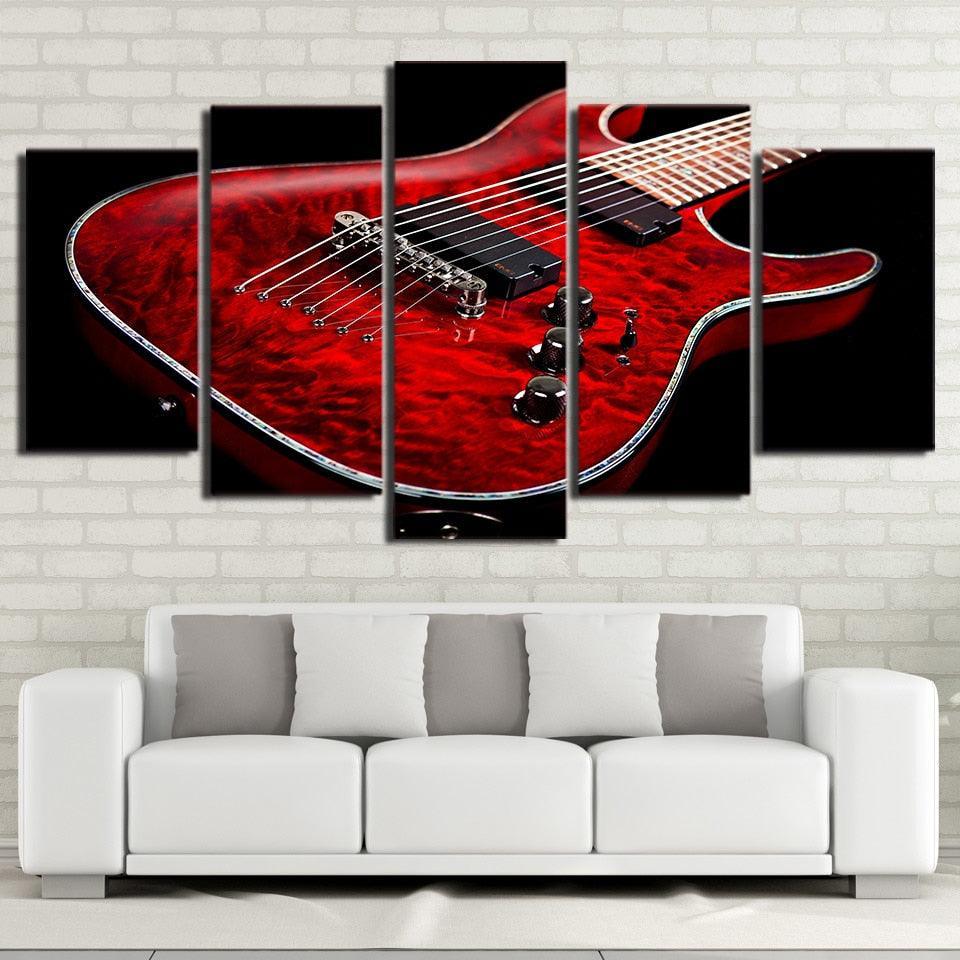 Red Guitar 5 Piece HD Multi Panel Canvas Wall Art Frame-Original Frame