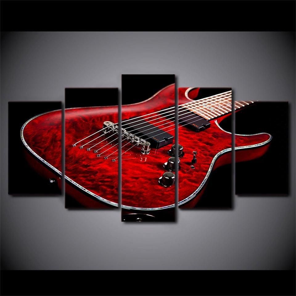 Red Guitar 5 Piece HD Multi Panel Canvas Wall Art Frame-Original Frame