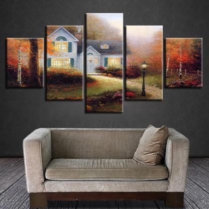 Village Cottage 5 Piece HD Multi Panel Canvas Wall Art Frame-Original Frame