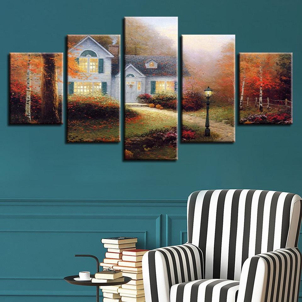 Village Cottage 5 Piece HD Multi Panel Canvas Wall Art Frame-Original Frame