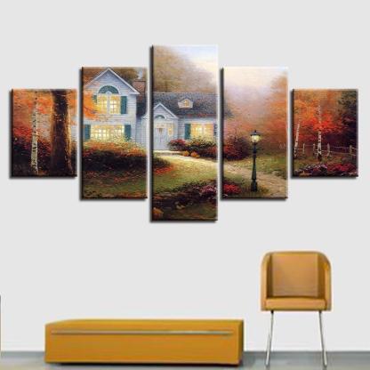 Village Cottage 5 Piece HD Multi Panel Canvas Wall Art Frame-Original Frame