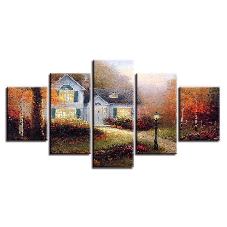 Village Cottage 5 Piece HD Multi Panel Canvas Wall Art Frame-Original Frame