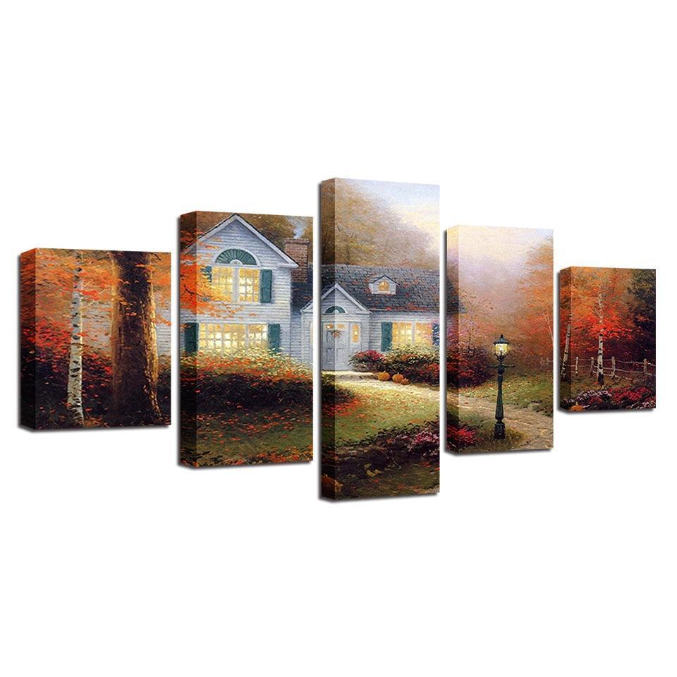 Village Cottage 5 Piece HD Multi Panel Canvas Wall Art Frame-Original Frame