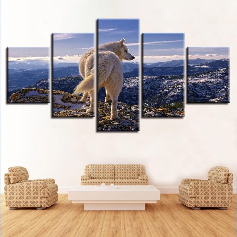 White Wolf Highlands Wild Nature 5 Piece HD Multi Panel Canvas Wall Art Frame-Original Frame