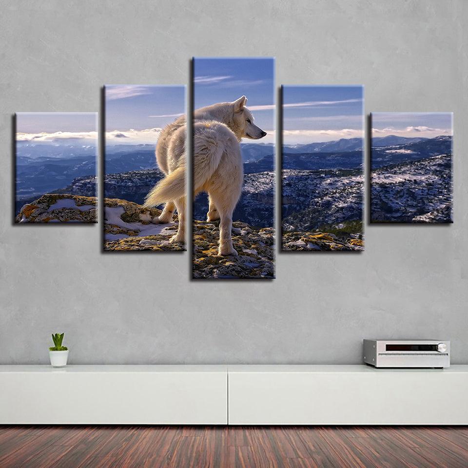 White Wolf Highlands Wild Nature 5 Piece HD Multi Panel Canvas Wall Art Frame-Original Frame
