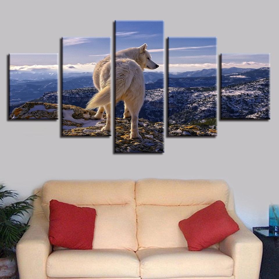 White Wolf Highlands Wild Nature 5 Piece HD Multi Panel Canvas Wall Art Frame-Original Frame