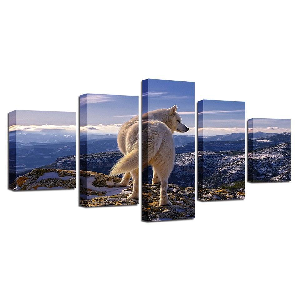 White Wolf Highlands Wild Nature 5 Piece HD Multi Panel Canvas Wall Art Frame-Original Frame