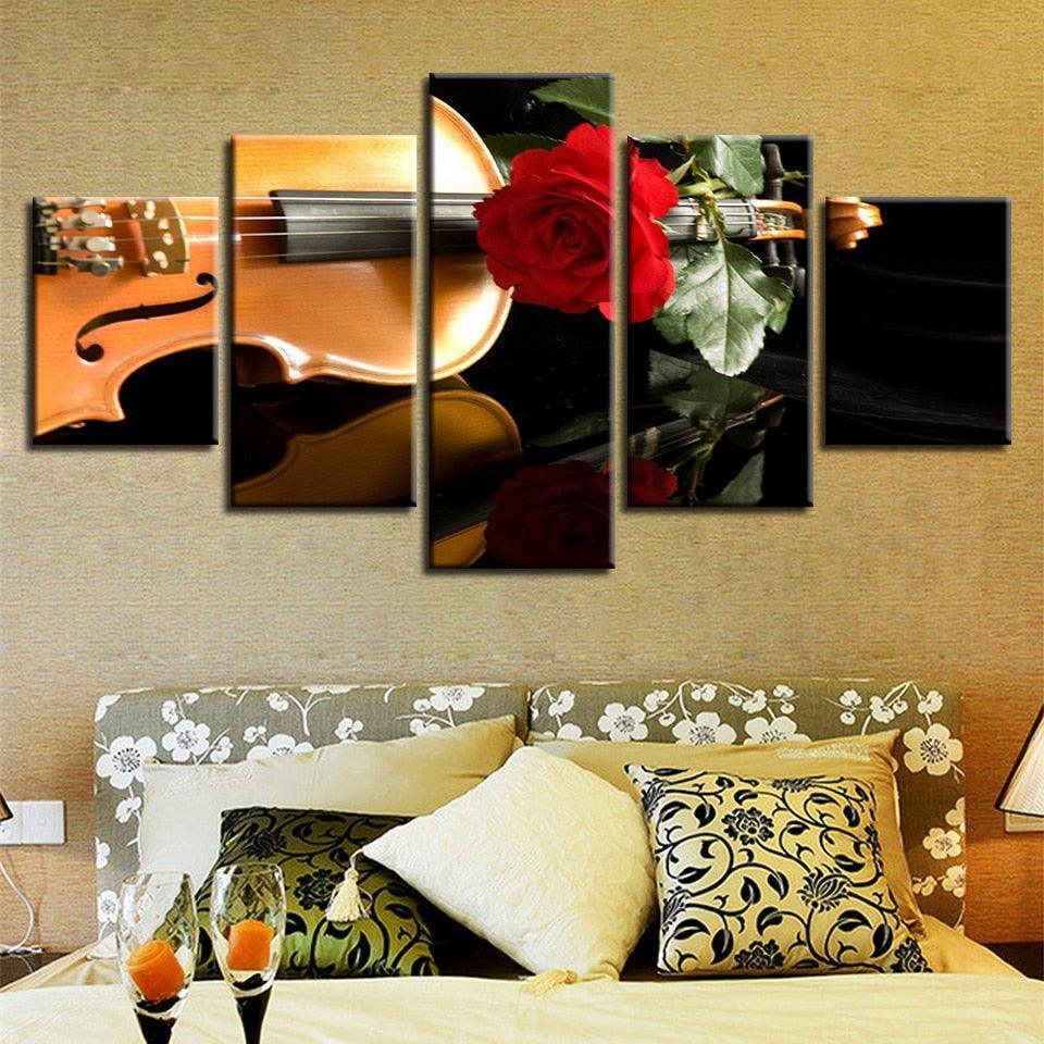 Red Rose And Violin 5 Piece HD Multi Panel Canvas Wall Art Frame-Original Frame