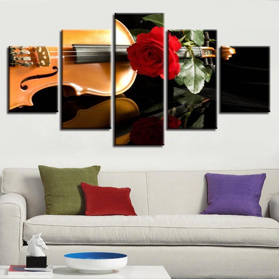 Red Rose And Violin 5 Piece HD Multi Panel Canvas Wall Art Frame-Original Frame
