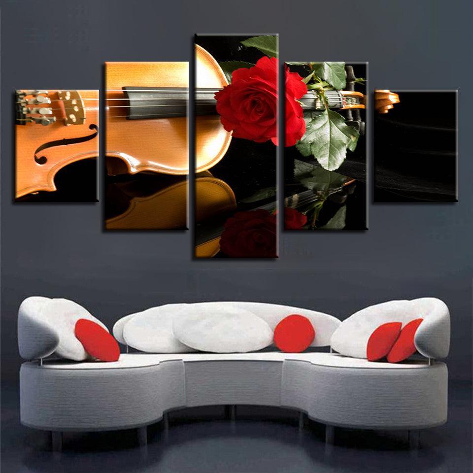 Red Rose And Violin 5 Piece HD Multi Panel Canvas Wall Art Frame-Original Frame