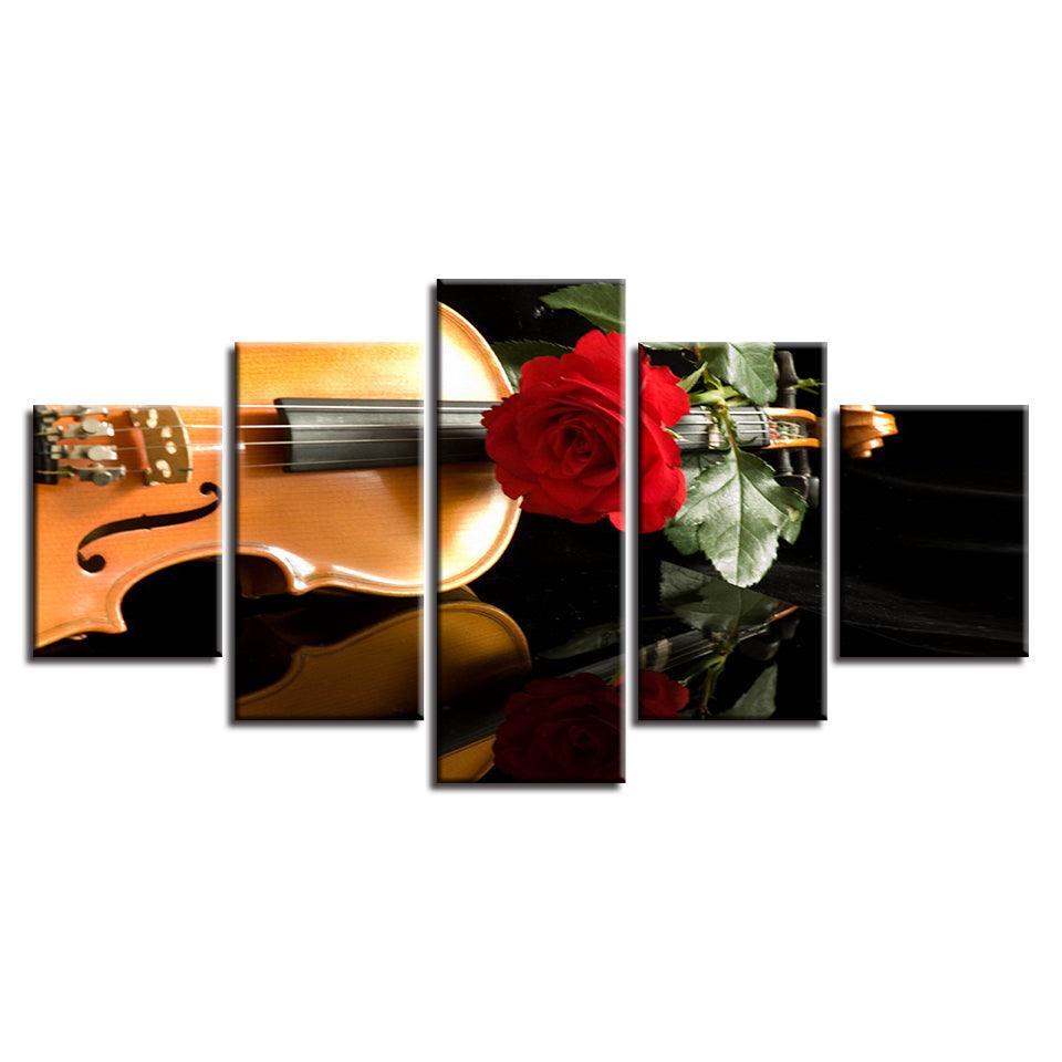 Red Rose And Violin 5 Piece HD Multi Panel Canvas Wall Art Frame-Original Frame