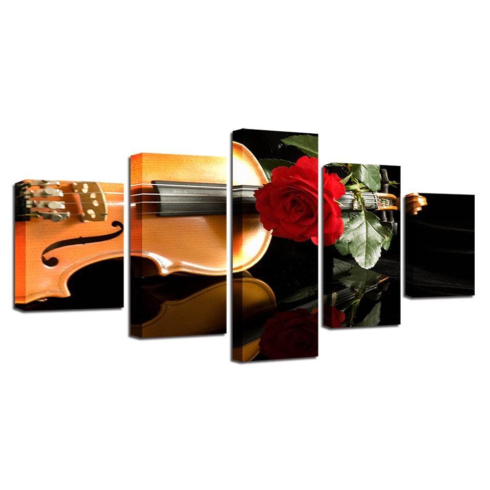 Red Rose And Violin 5 Piece HD Multi Panel Canvas Wall Art Frame-Original Frame
