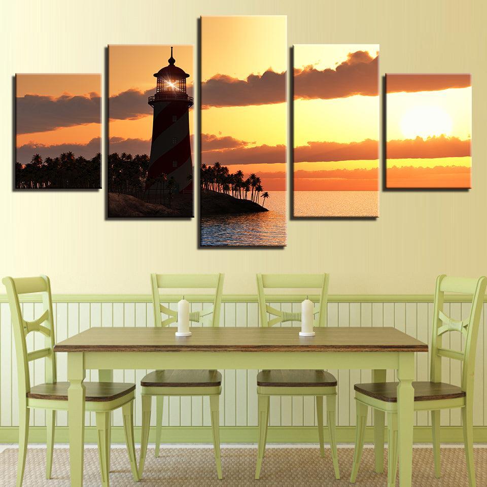 Lighthouse Sunset 5 Piece HD Multi Panel Canvas Wall Art Frame-Original Frame