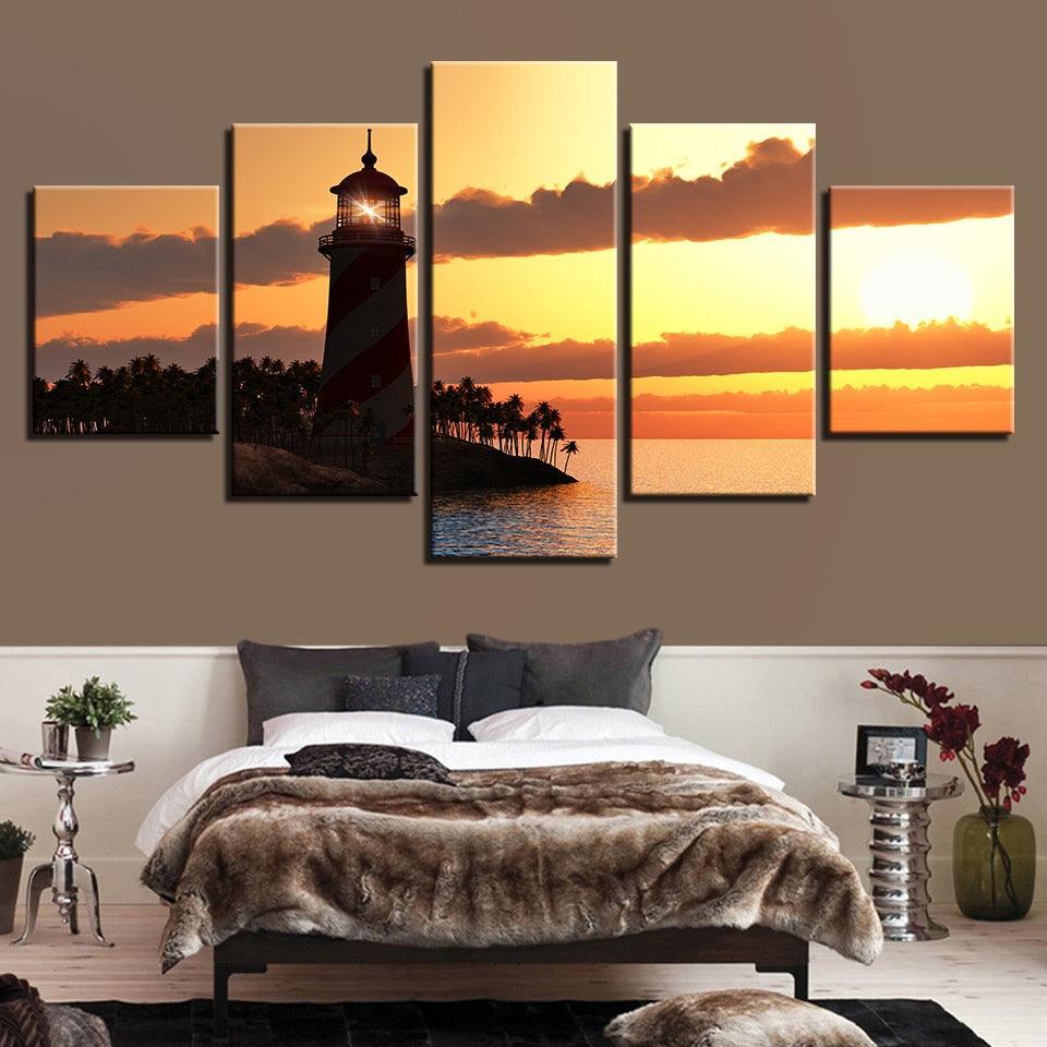 Lighthouse Sunset 5 Piece HD Multi Panel Canvas Wall Art Frame-Original Frame