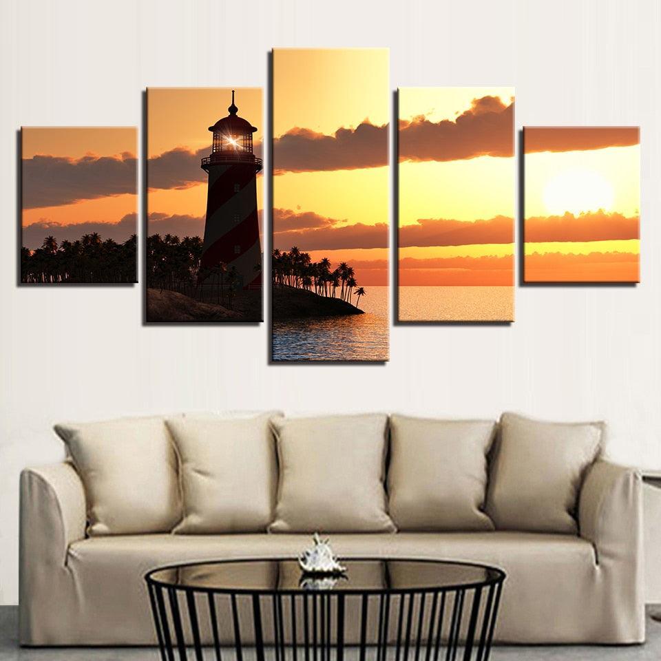 Lighthouse Sunset 5 Piece HD Multi Panel Canvas Wall Art Frame-Original Frame