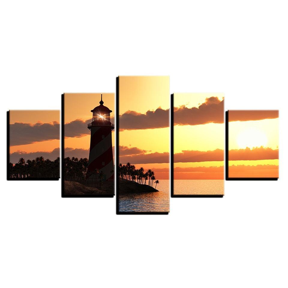 Lighthouse Sunset 5 Piece HD Multi Panel Canvas Wall Art Frame-Original Frame