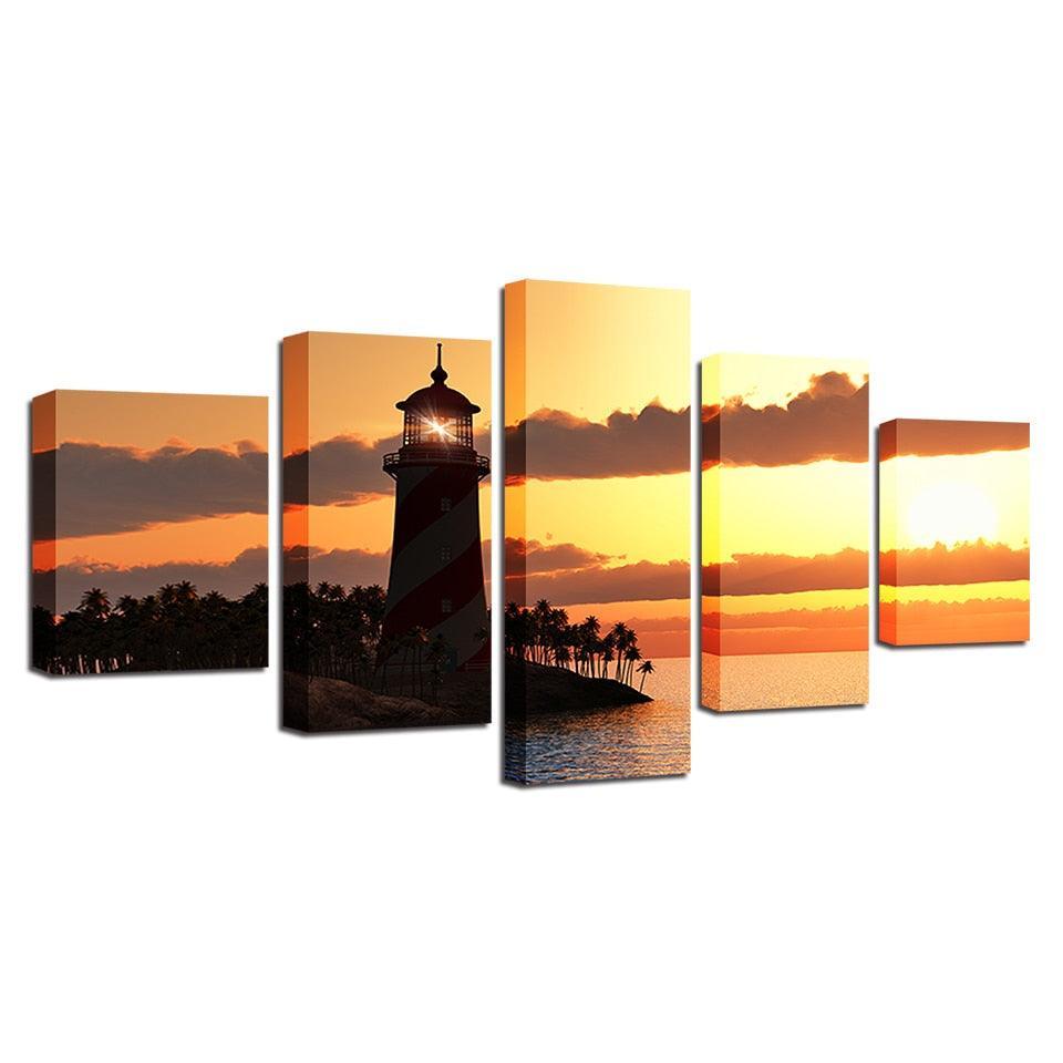 Lighthouse Sunset 5 Piece HD Multi Panel Canvas Wall Art Frame-Original Frame