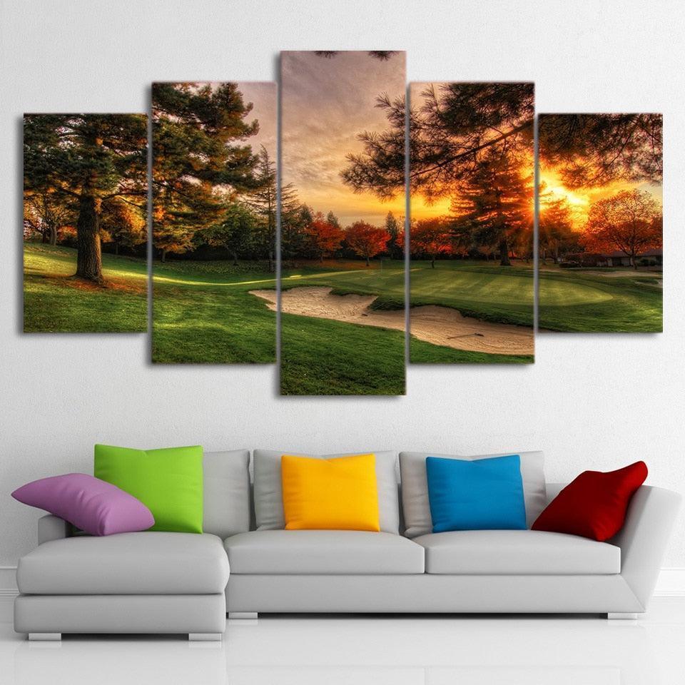 Golf Course Sunrise 5 Piece HD Multi Panel Canvas Wall Art Frame-Original Frame