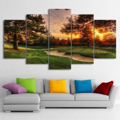 Golf Course Sunrise 5 Piece HD Multi Panel Canvas Wall Art Frame-Original Frame