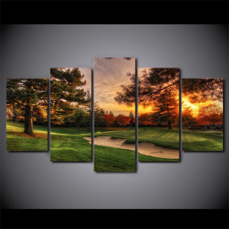 Golf Course Sunrise 5 Piece HD Multi Panel Canvas Wall Art Frame-Original Frame
