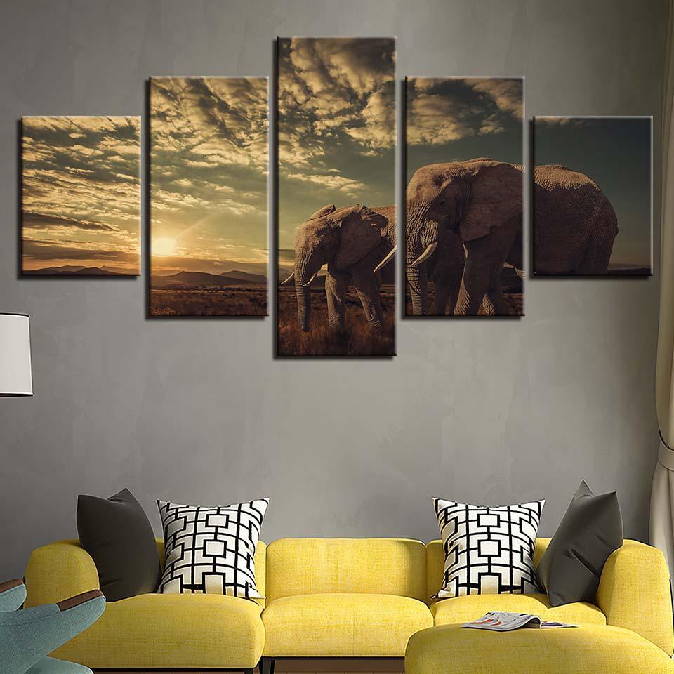 Elephant Couples 5 Piece HD Multi Panel Canvas Wall Art Frame-Original Frame
