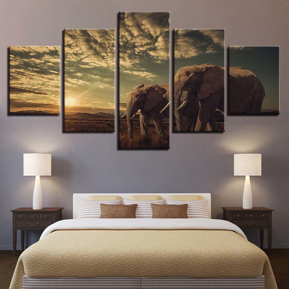 Elephant Couples 5 Piece HD Multi Panel Canvas Wall Art Frame-Original Frame