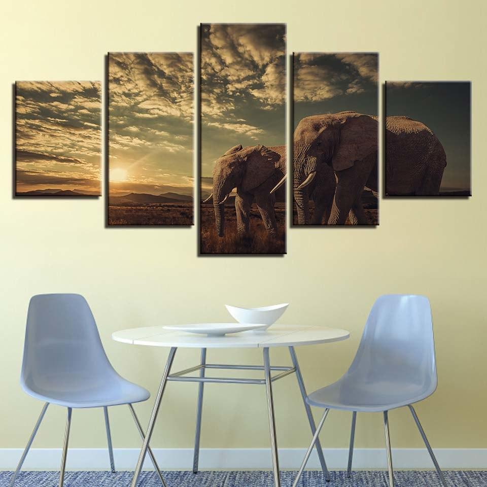 Elephant Couples 5 Piece HD Multi Panel Canvas Wall Art Frame-Original Frame