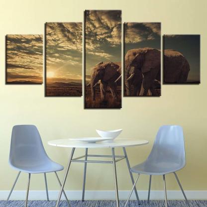 Elephant Couples 5 Piece HD Multi Panel Canvas Wall Art Frame-Original Frame