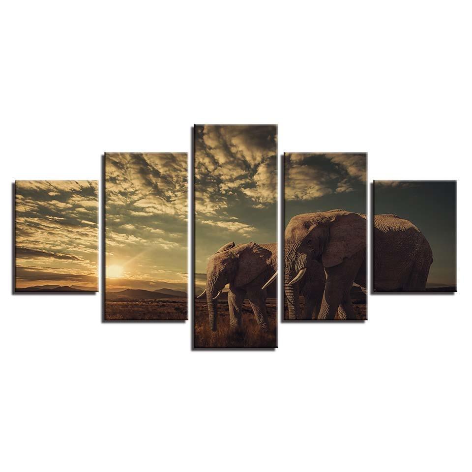 Elephant Couples 5 Piece HD Multi Panel Canvas Wall Art Frame-Original Frame