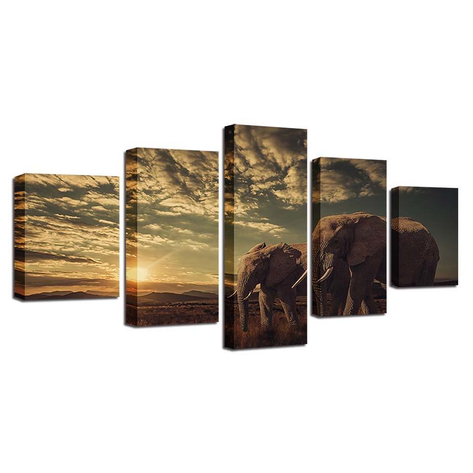 Elephant Couples 5 Piece HD Multi Panel Canvas Wall Art Frame-Original Frame