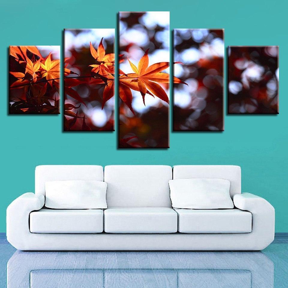 Autumn Maple Leaves 5 Piece HD Multi Panel Canvas Wall Art Frame-Original Frame