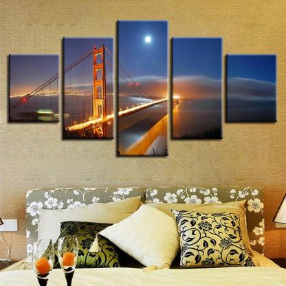 Golden Gate Bridge 5 Piece HD Multi Panel Canvas Wall Art Frame-Original Frame