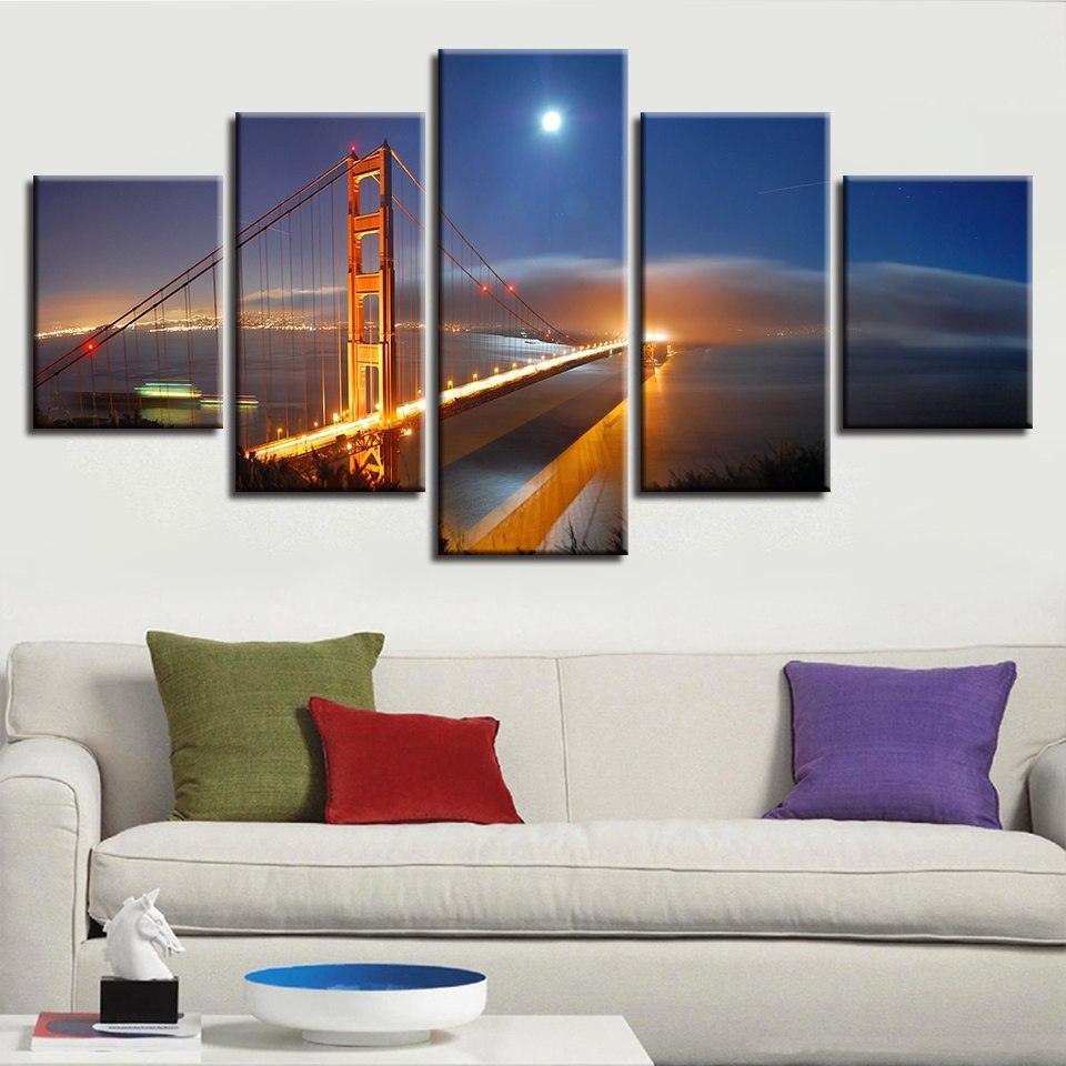 Golden Gate Bridge 5 Piece HD Multi Panel Canvas Wall Art Frame-Original Frame