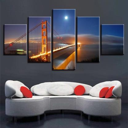 Golden Gate Bridge 5 Piece HD Multi Panel Canvas Wall Art Frame-Original Frame