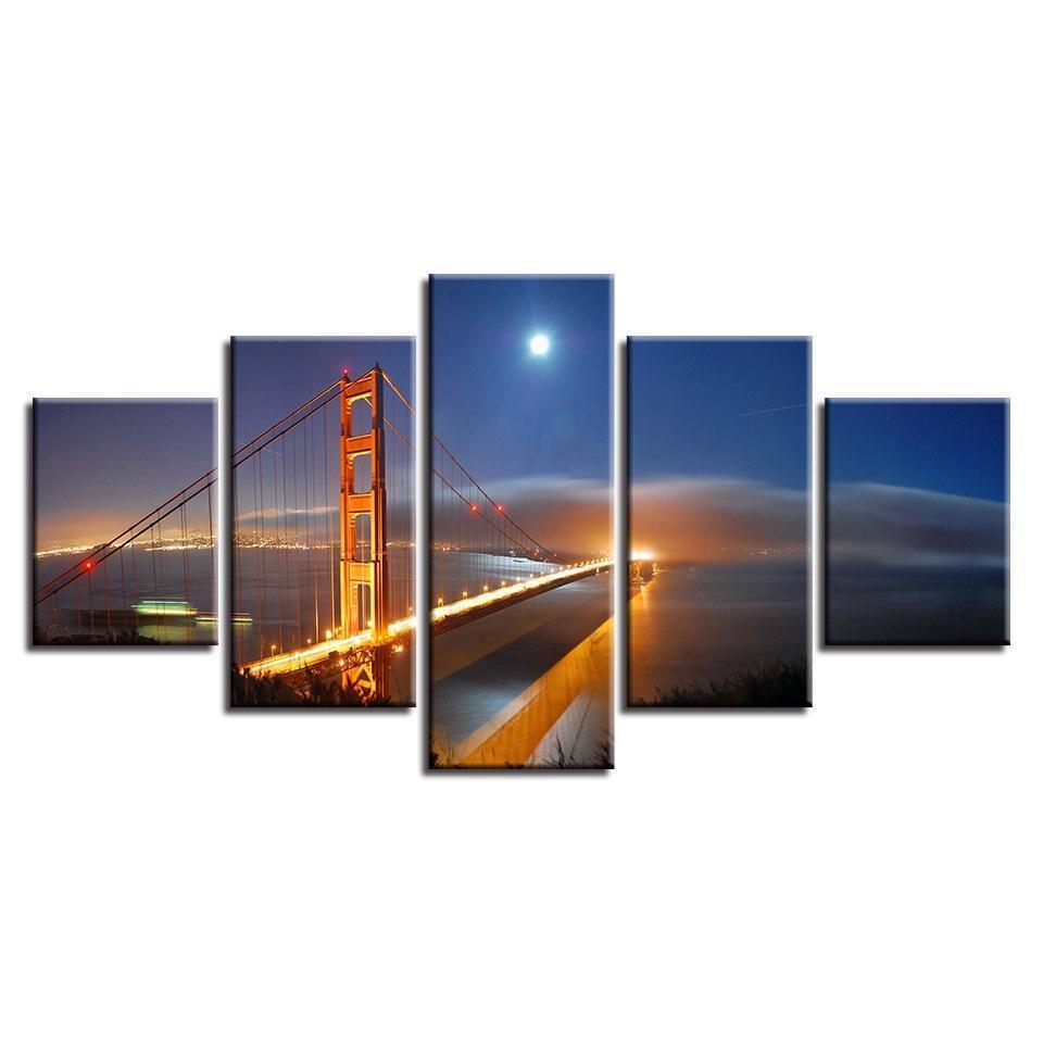 Golden Gate Bridge 5 Piece HD Multi Panel Canvas Wall Art Frame-Original Frame