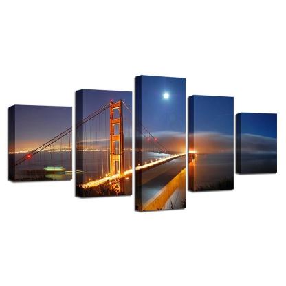 Golden Gate Bridge 5 Piece HD Multi Panel Canvas Wall Art Frame-Original Frame