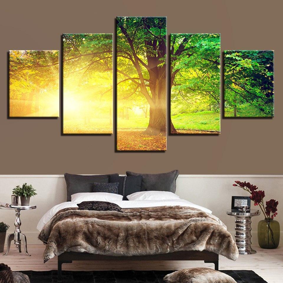 Sunlit Tree 5 Piece HD Multi Panel Canvas Wall Art Frame-Original Frame
