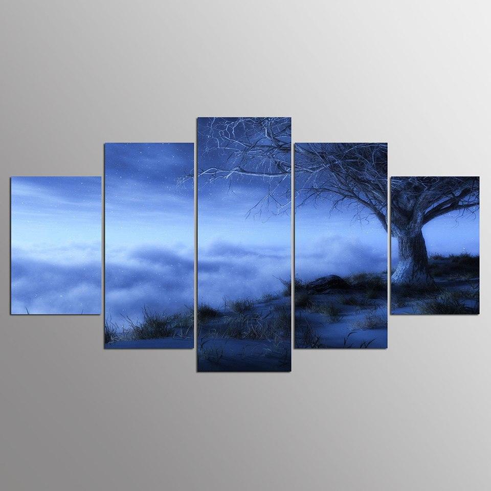 Fog And Tree 5 Piece HD Multi Panel Canvas Wall Art Frame-Original Frame