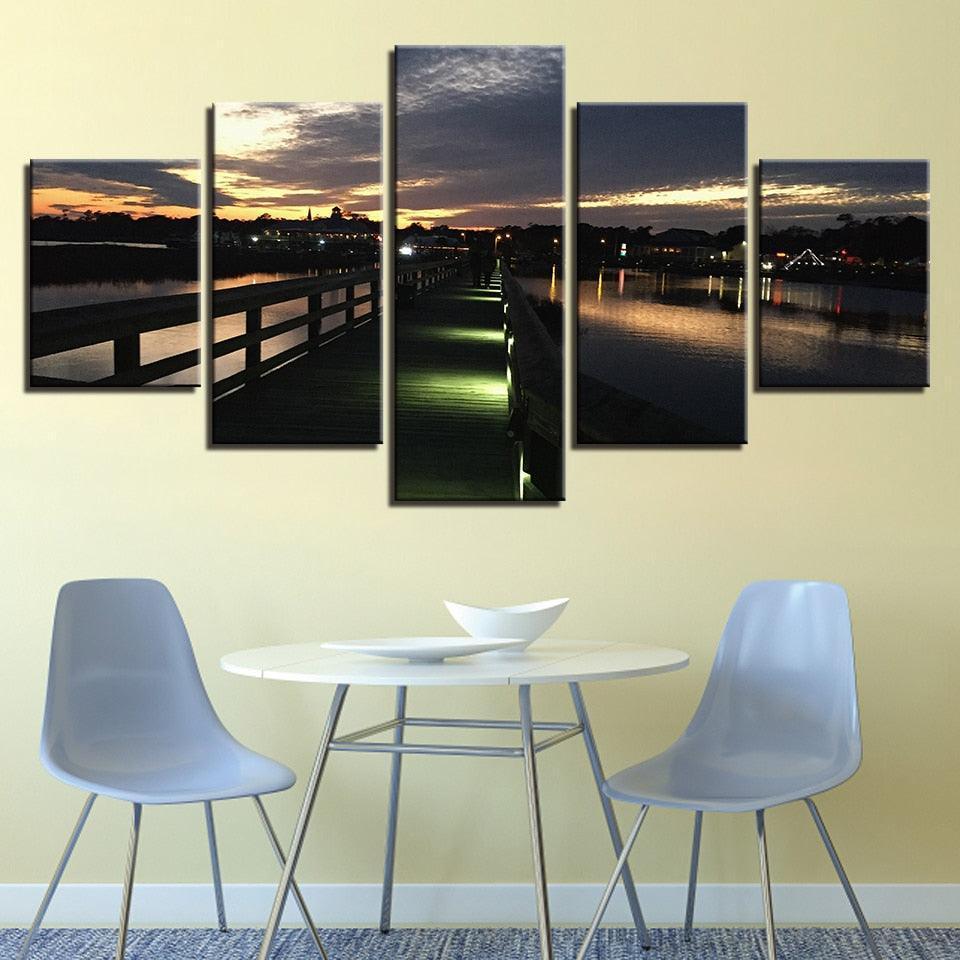 Night View Of Beach 5 Piece HD Multi Panel Canvas Wall Art Frame-Original Frame