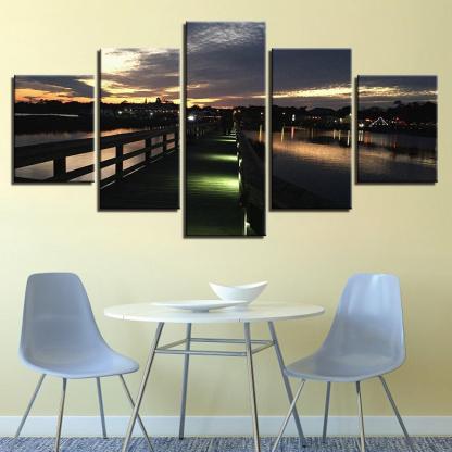 Night View Of Beach 5 Piece HD Multi Panel Canvas Wall Art Frame-Original Frame