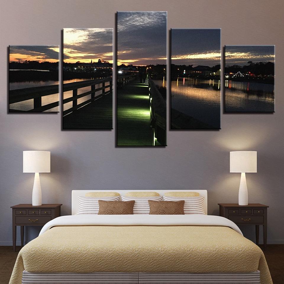 Night View Of Beach 5 Piece HD Multi Panel Canvas Wall Art Frame-Original Frame