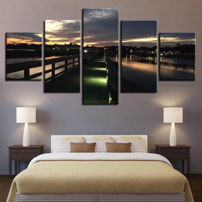 Night View Of Beach 5 Piece HD Multi Panel Canvas Wall Art Frame-Original Frame